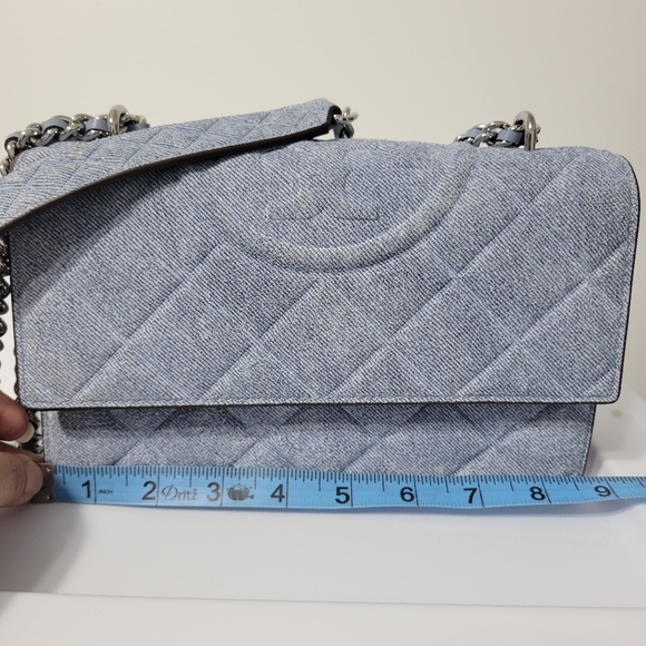 Tory Burch Fleming Denim Print Suede Small Convertible Shoulder Bag - Picture 13 of 15